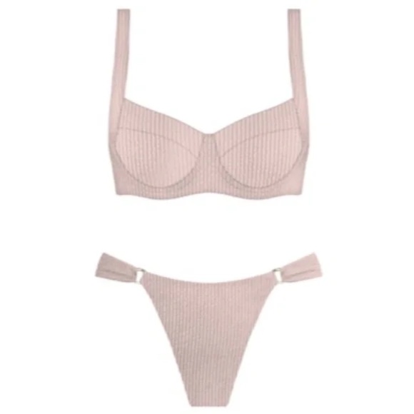 Sun Kissed Sand Seersucker Gold Ring Underwire 2 Piece PC Bikini Swimsuit Set - Picture 2 of 2